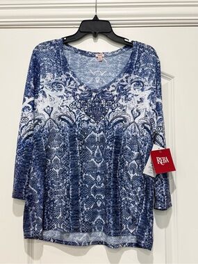 NWT Ladies Reba 3/4 Sleeve navy Patterned Bling Top X-Large